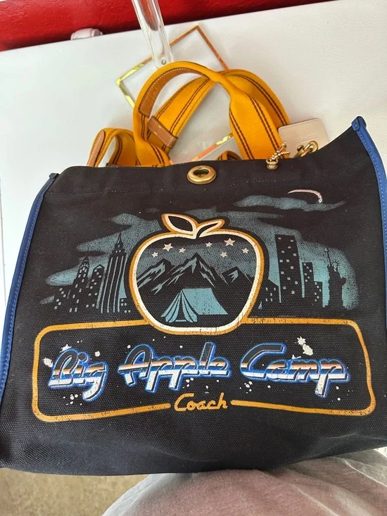 Coach Black Canvas Apple Camp Tote with Yellow Handles and Blue Trim - Picture 13 of 13